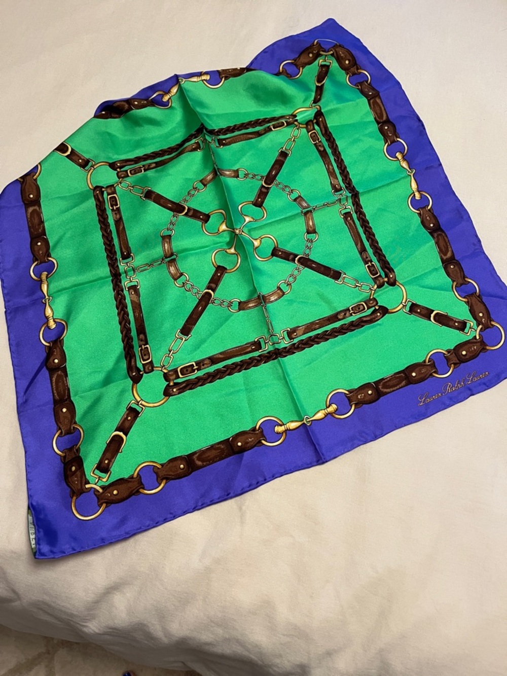 Ralph Lauren Green & Purple Equestrian Print Silk Scarf